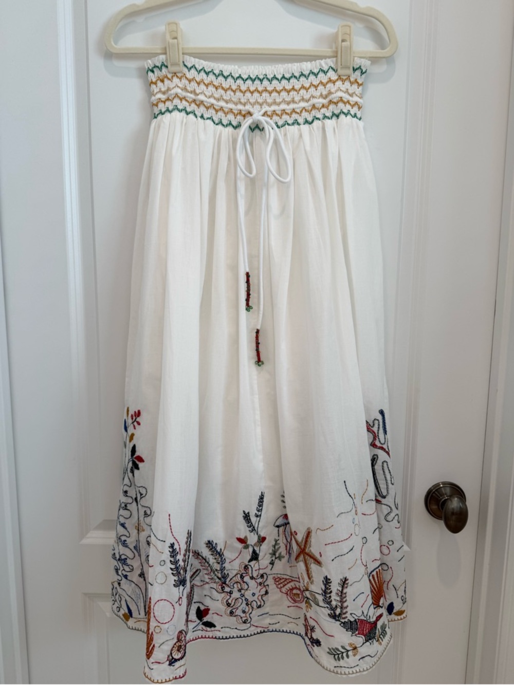 Embroidered White Boho Maxi Skirt with Drawstring Waist-NWOT